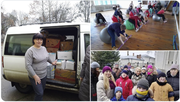 Pictures from Ukraine, showing humanitarian aid, people with disabilities indoors during training activity, and group of people outside looking into the camera.