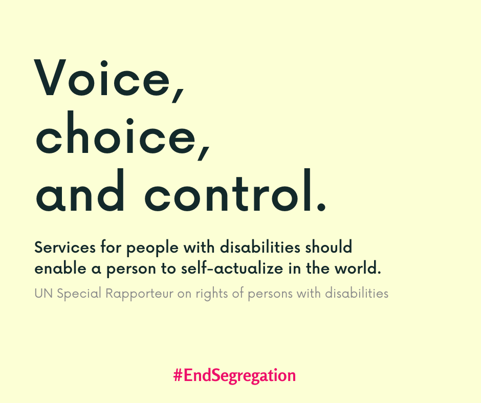 Voice, choice, and control. Services for people with disabilities should enable a person to self-actualize in the world. UN Special Rapporteur Disability