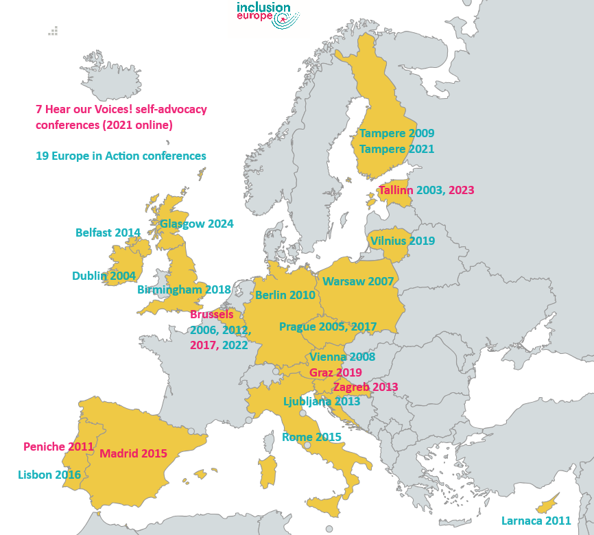 7 Hear our Voices! self-advocacy conferences, and 20 Europe in Actions conferences. Locations on map of Europe.