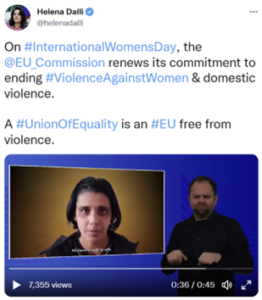 Elisabet Moldovan in a video within a tweet by Commissioner Dalli. Tweet reads: The EU Commission renews its committment to ending violence agains women and domestic violence.